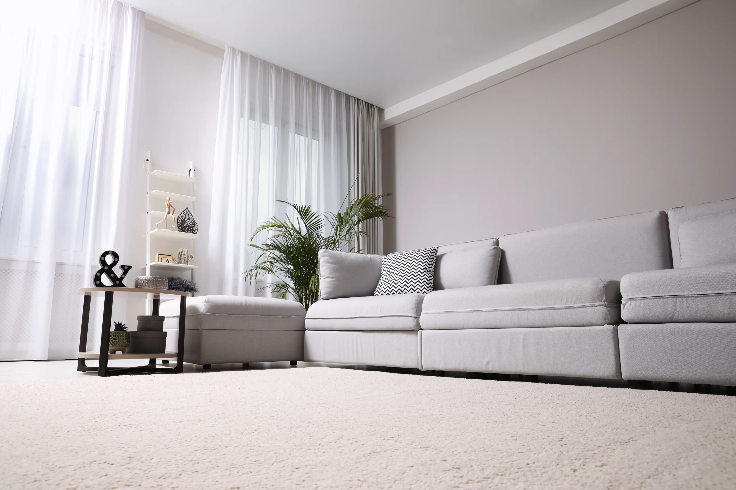 Picture of living room beige carpet with a gray sofa on it. There are windows with sheer curtains allowing light to shine through.